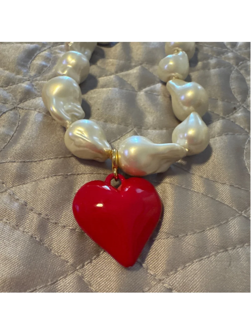 Women's J.Crew Pearl and Red Heart Pendant Necklace, One Size, White/Red 18”